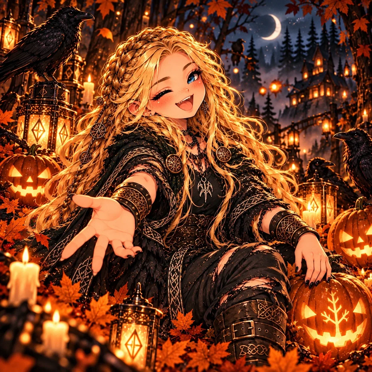 Embla sitting among jack-o'-lanterns, ravens, lanterns, and autumn leaves in a moonlit forest